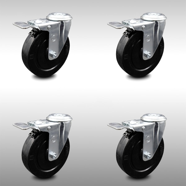 5 Inch SS Soft Rubber Swivel Bolt Hole Caster Set with Total Lock Brake SCC